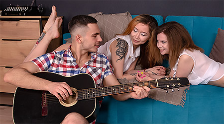 Guitarist seduced by two sexy babes